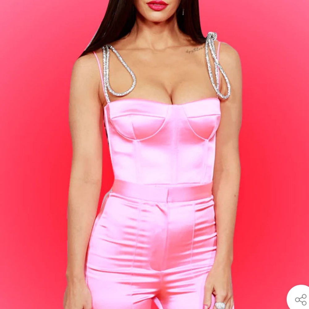 Megan Fox-LUXURY RHINESTONE STRAP SPLIT FRONT BUSTIER CORSET SATIN JUMPSUIT-PINK